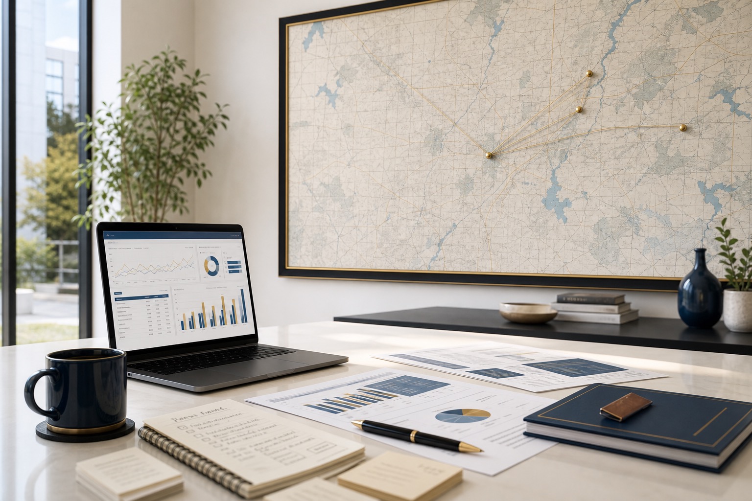 Rocklin Google Ads review workspace with a Sacramento and Placer County wall map, paid-search dashboard, search term reports, call tracking notes, landing page notes, and quote request follow-up.