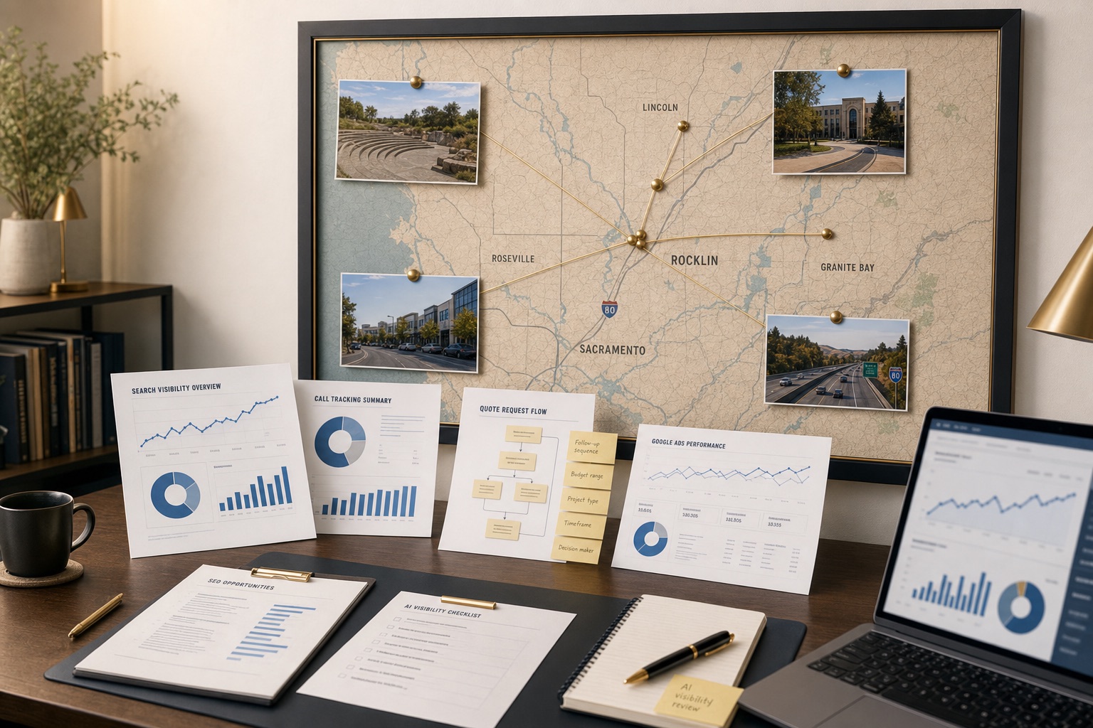 Rocklin Make us visible in search and AI review workspace with Placer County wall map, search visibility reports, call tracking sheets, quote request notes, and analytics dashboard.