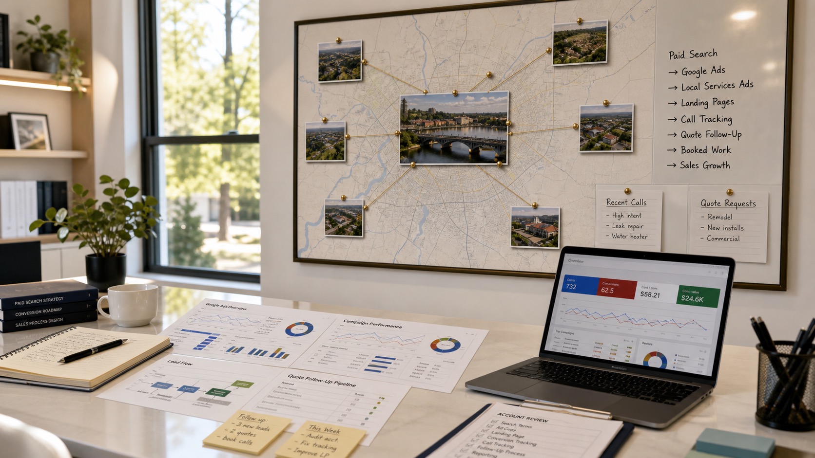 Roseville Google Ads review workspace with campaign notes, analytics screen, and local business marketing materials.