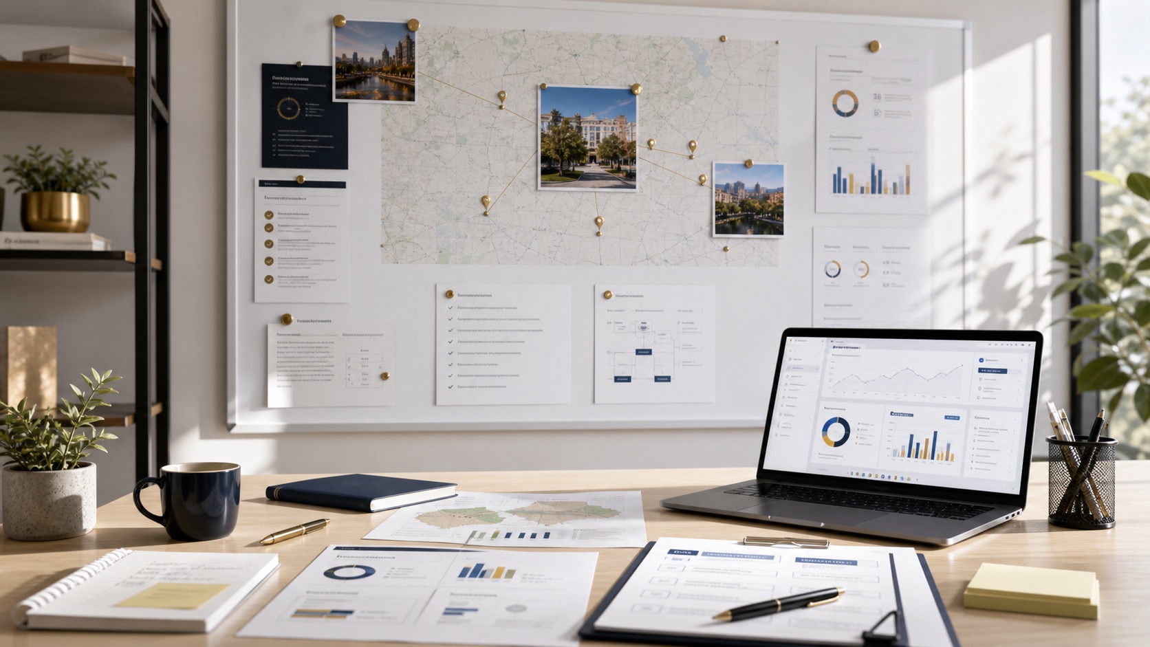 Roseville Make us visible in search and AI review workspace with search visibility notes, AI answer coverage, analytics screen, and local business marketing materials.