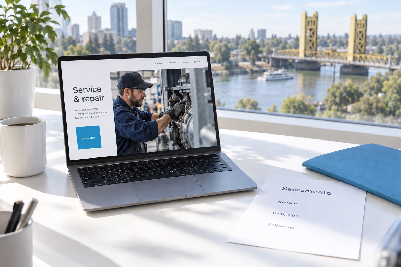 Illustrative service business website and marketing brief with Sacramento Tower Bridge in the background