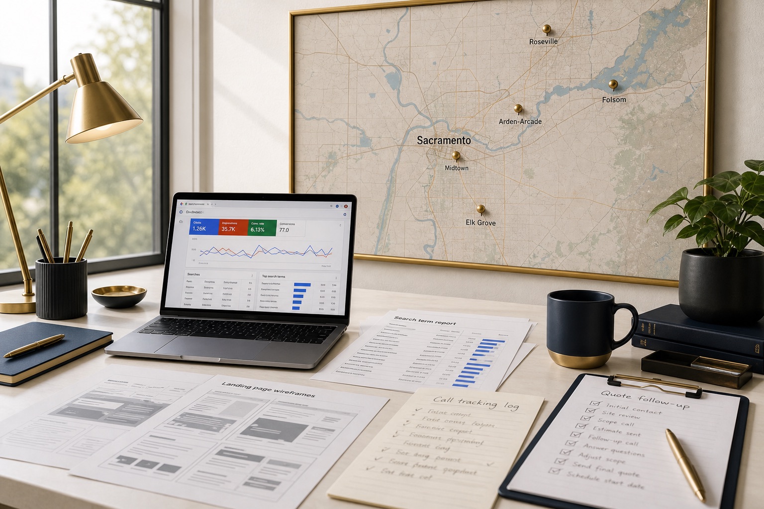 Sacramento Google Ads review workspace with a Sacramento metro wall map, paid-search dashboard, search term reports, landing page notes, call tracking log, and quote follow-up checklist.