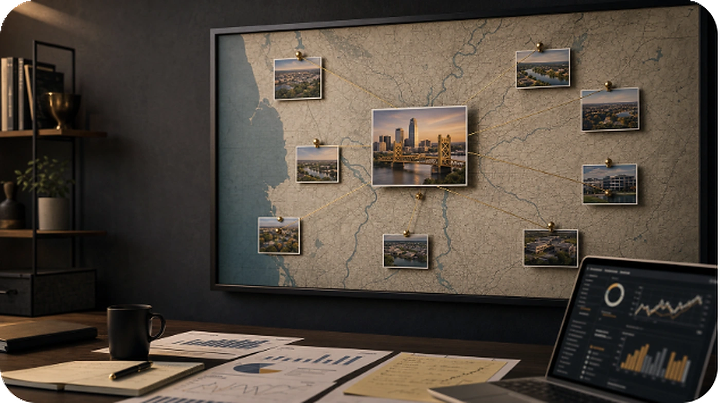 Sacramento Metro wall map with downtown Sacramento, Tower Bridge, nearby service-area pins, and marketing reports