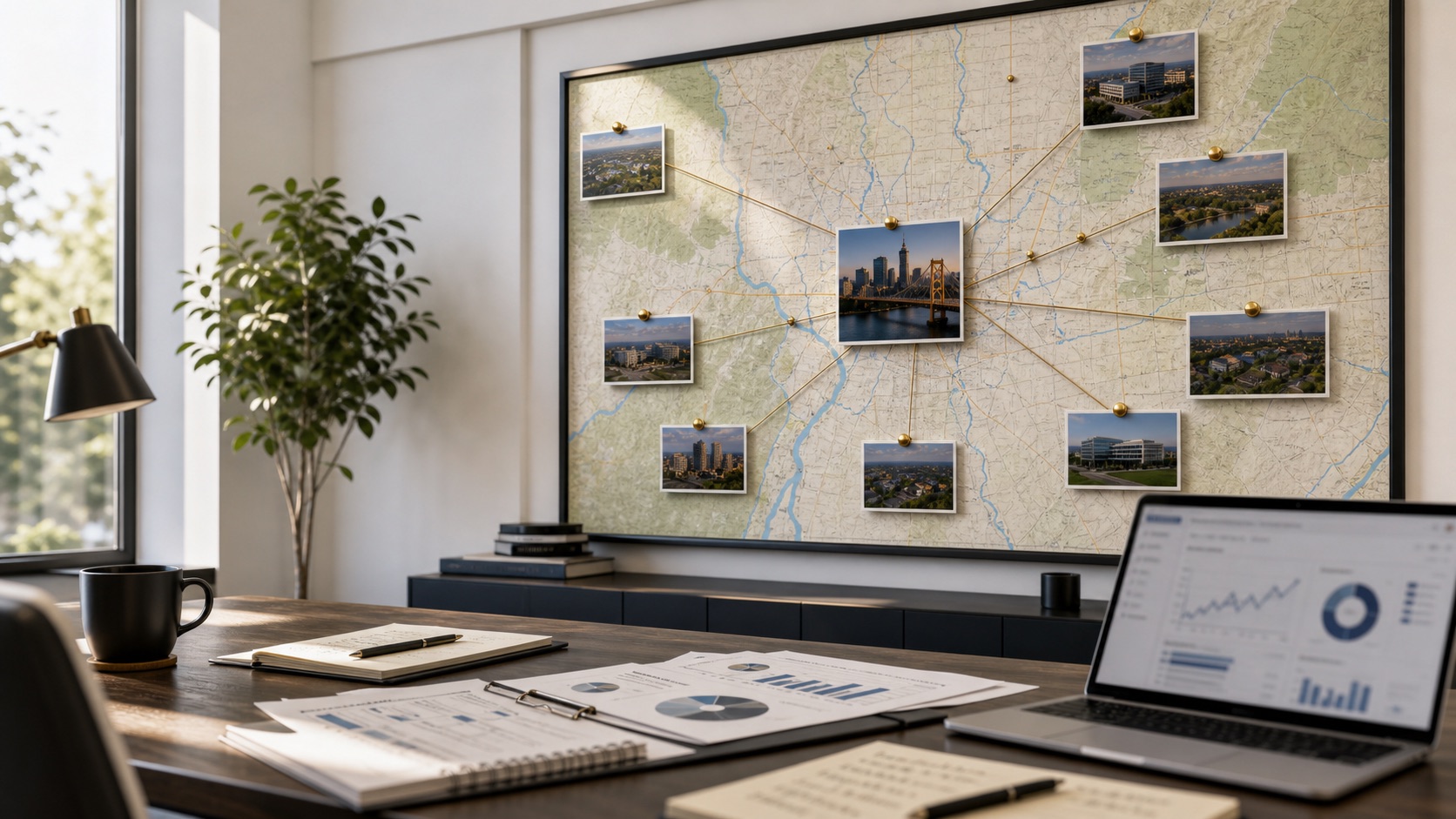 Sacramento Metro marketing service-area wall map with pinned city photos, analytics dashboard, and marketing reports