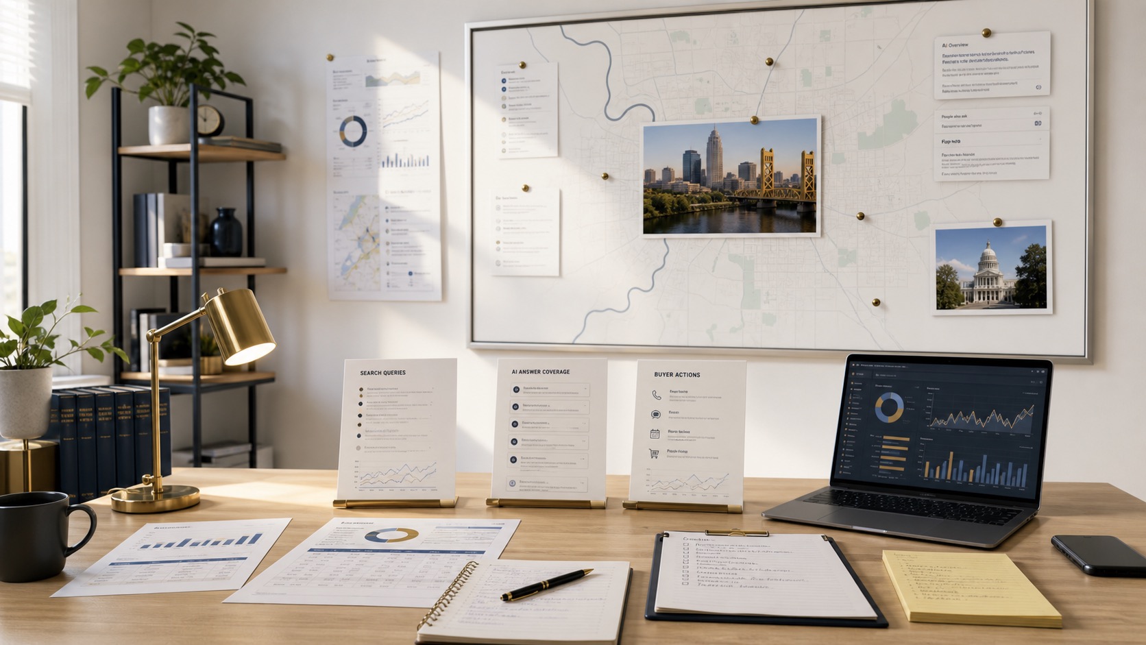Sacramento Make us visible in search and AI review workspace with search visibility notes, AI answer coverage, analytics screen, and local business marketing materials.