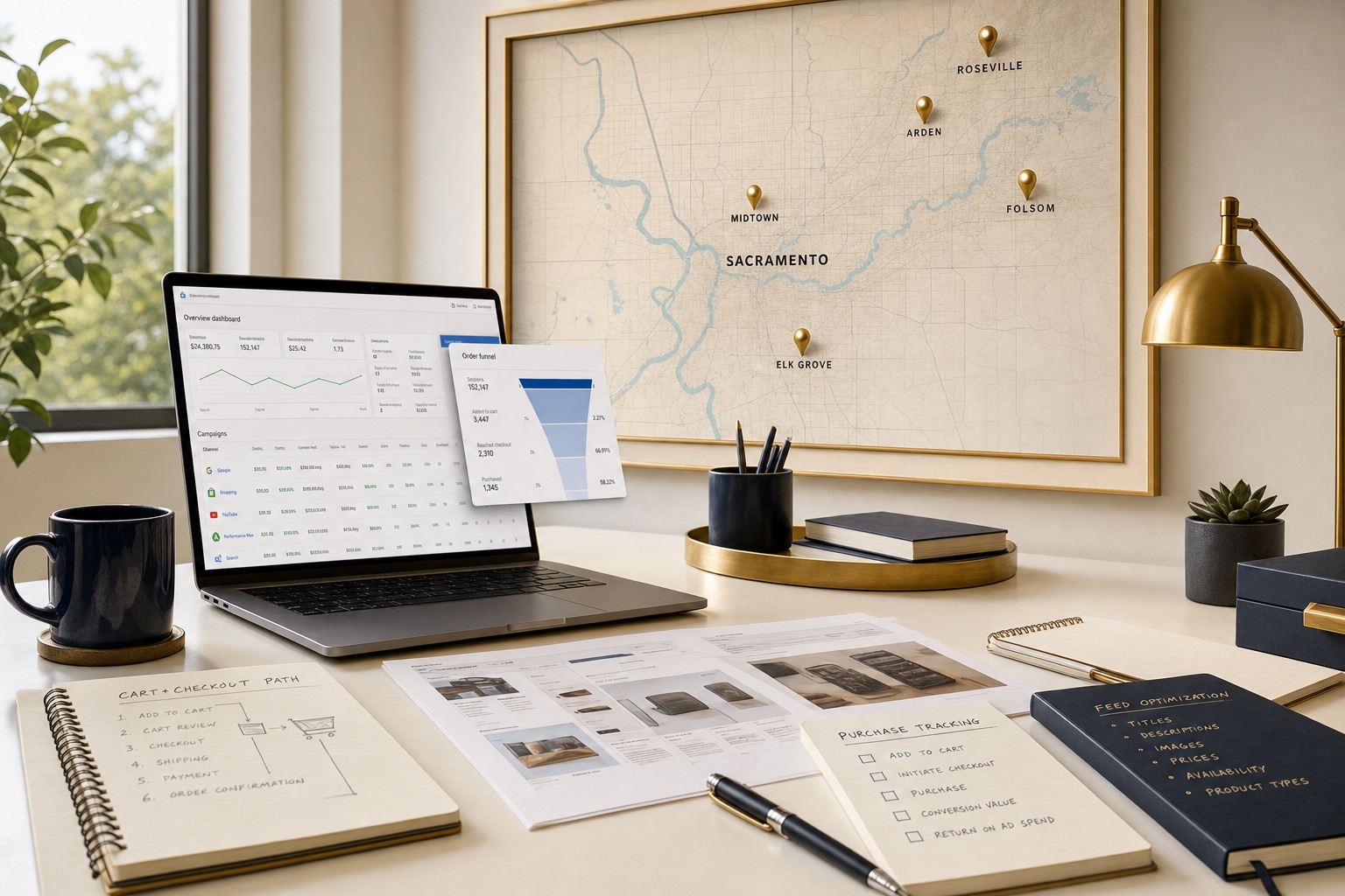 Sacramento Shopify PPC review workspace with a Sacramento metro wall map, ecommerce ad dashboard, product page notes, cart and checkout, purchase tracking checklist, and feed optimization notes.