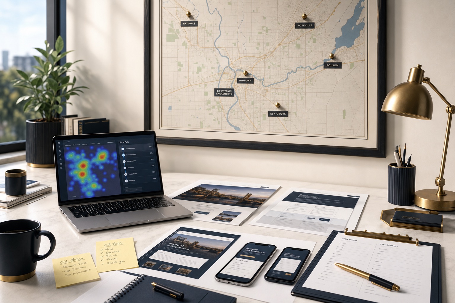 Sacramento web design review workspace with a Sacramento metro wall map, website heatmap, landing page mockups, mobile page proofs, call process notes, and quote request form.
