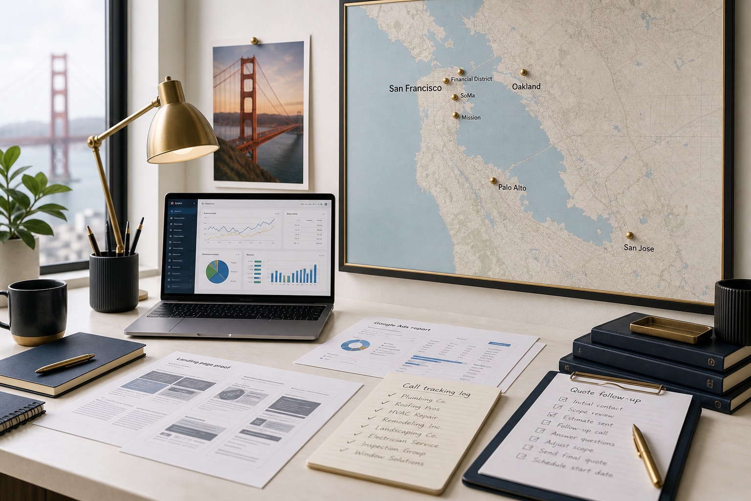 San Francisco marketing services review workspace with a San Francisco and Bay Area wall map, Golden Gate Bridge photo, marketing dashboard, Google Ads report, landing page proof sheets, call tracking log, and quote follow-up checklist.