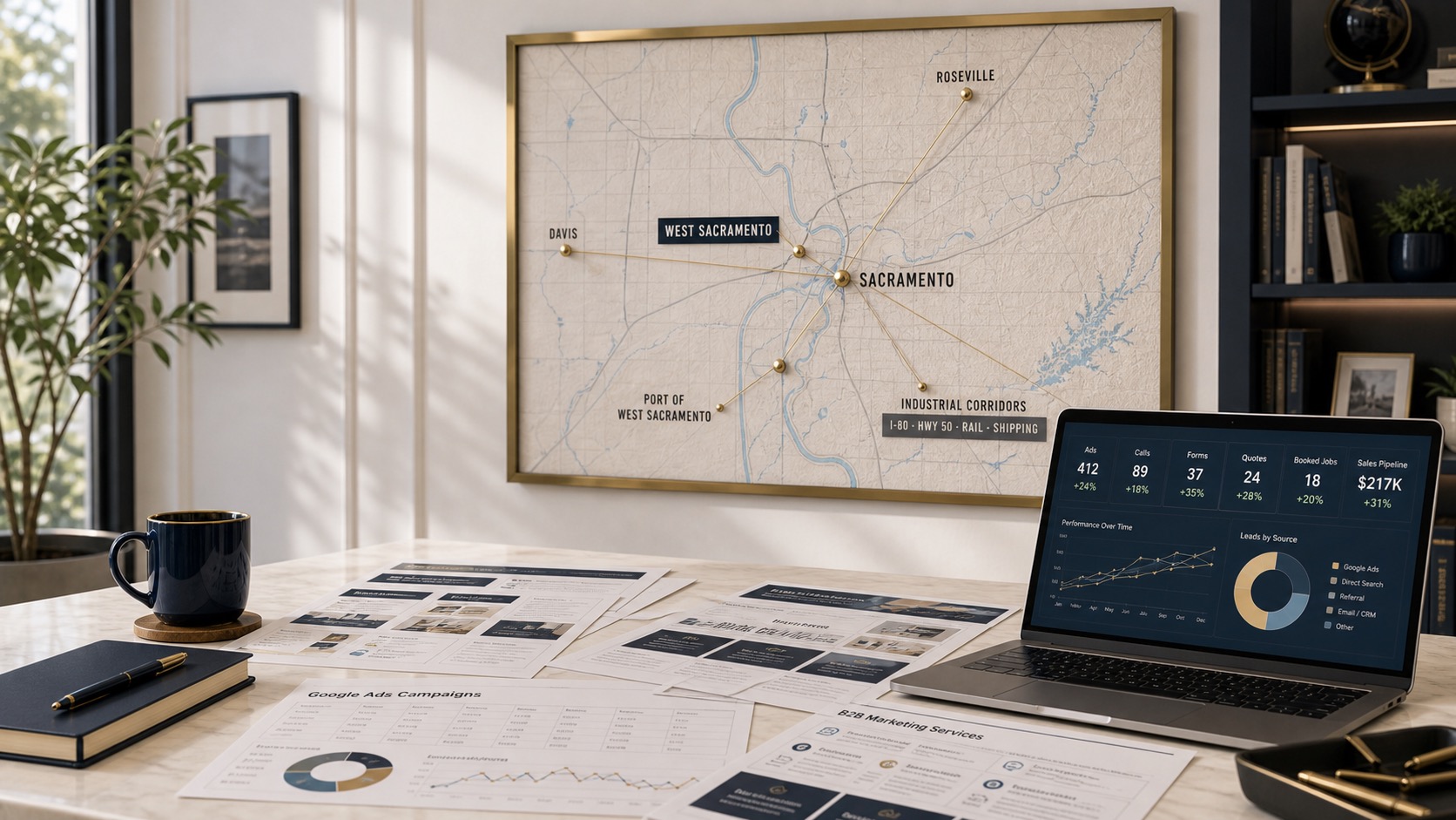 West Sacramento marketing service-area wall map with pinned Sacramento Metro locations, campaign reports, and an analytics dashboard