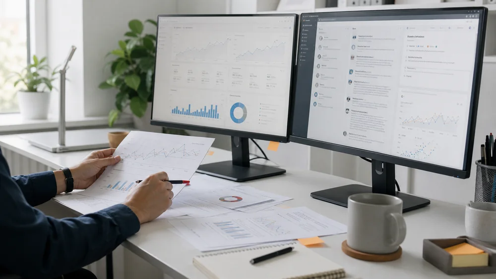 A marketing operator reviewing current performance charts and platform updates across two monitors