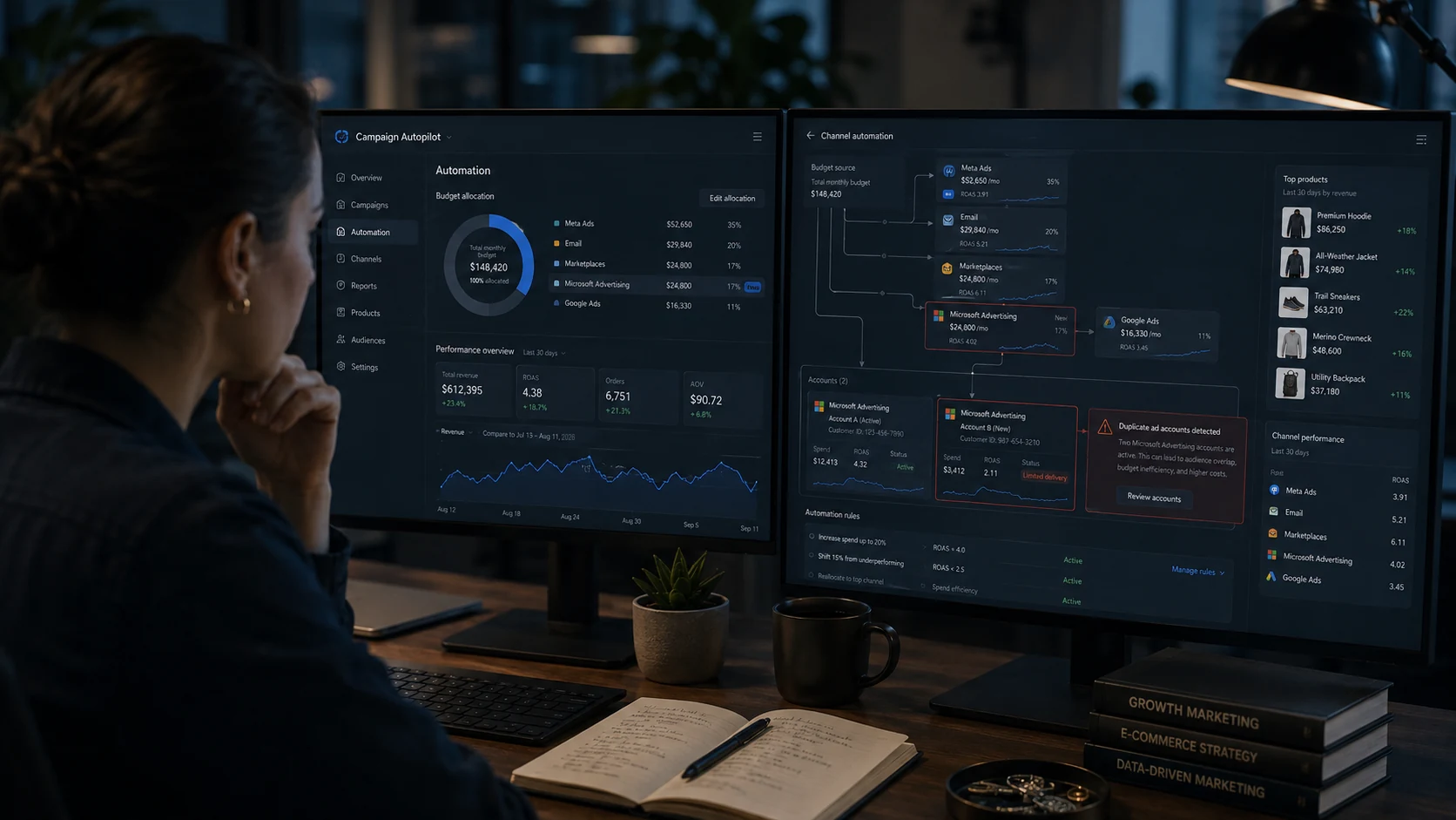 Shopify Campaign Autopilot budget allocation across connected marketing channels, with Microsoft Advertising marked for an existing-account check.