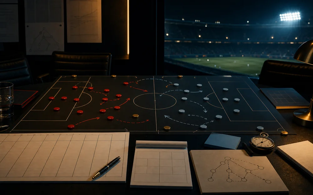 Football tactics table for an event campaign with red and blue pieces facing across a field