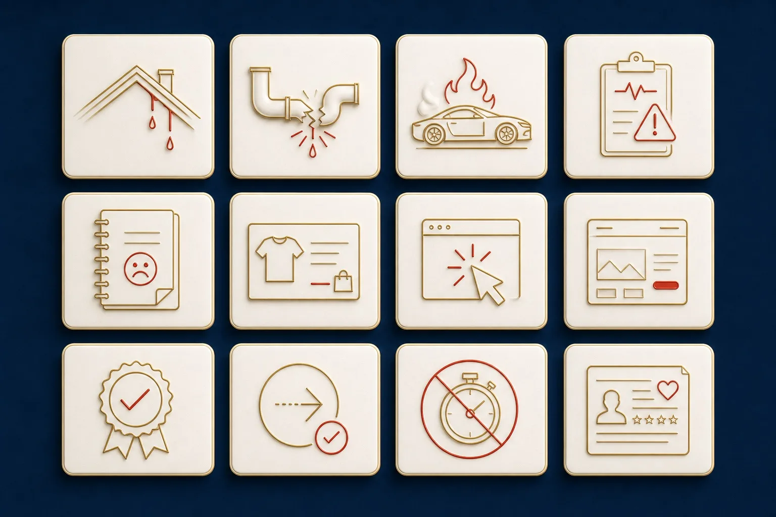 Premium icon sheet for message coherence marketing audit with roof leak, pipe leak, warning form, product page, ad click, proof badge, and next-step icons