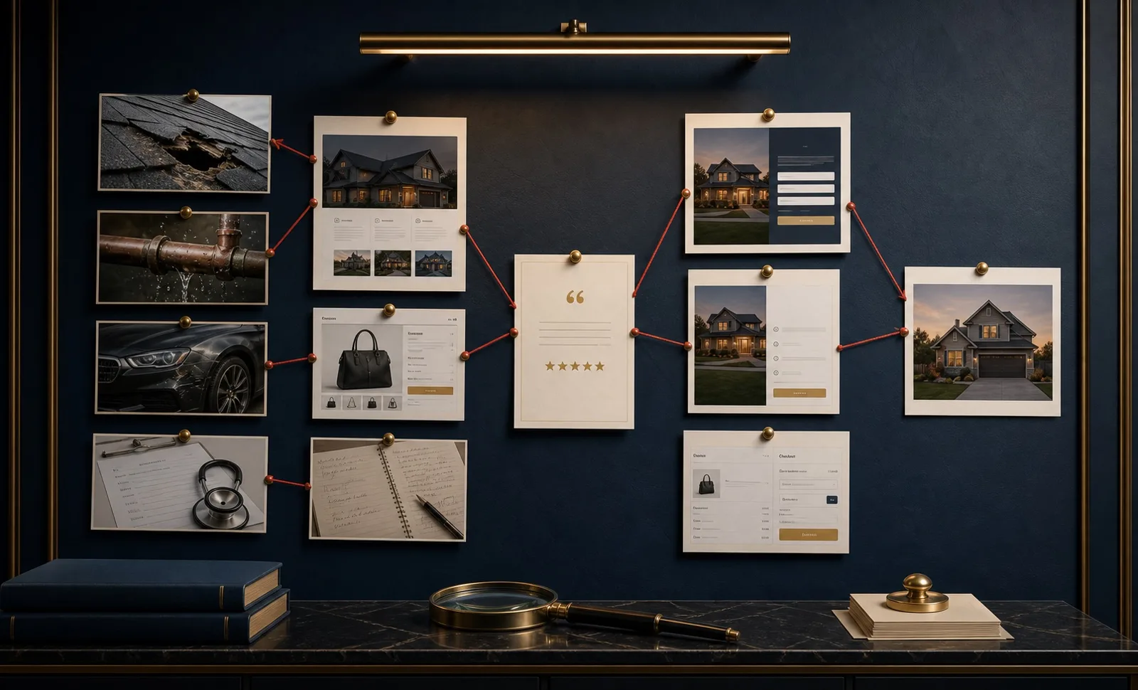 Marketing Audit wall connecting roof leak, pipe leak, vehicle damage, health form, coaching notes, ecommerce page, and proof card