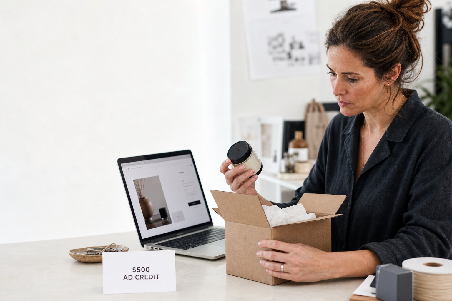 Editorial illustration of a business owner checking a product and online store before advertising.