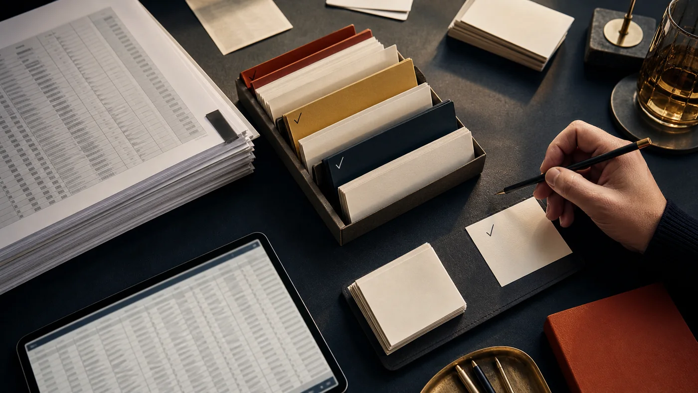 An anonymized customer export being sorted into distinct lifecycle groups with blank record cards and colored dividers