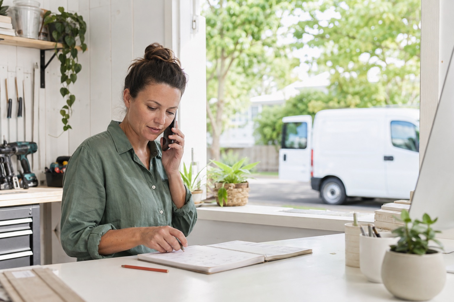 A service dispatcher checks an appointment book while taking a call.