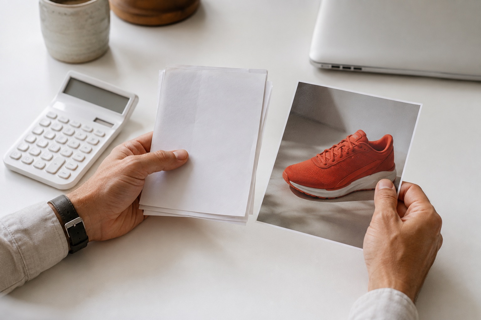 Hands comparing a product photograph with paper records beside a calculator.