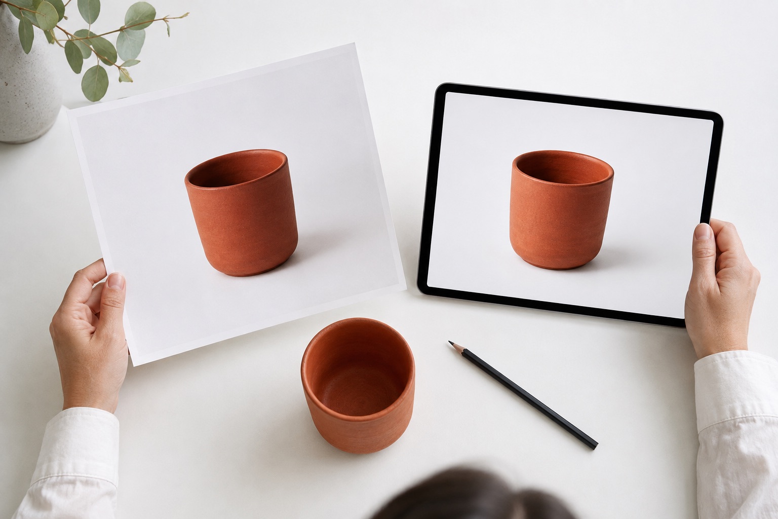 The same terracotta cup shown as a product, a printed photo, and a tablet image.