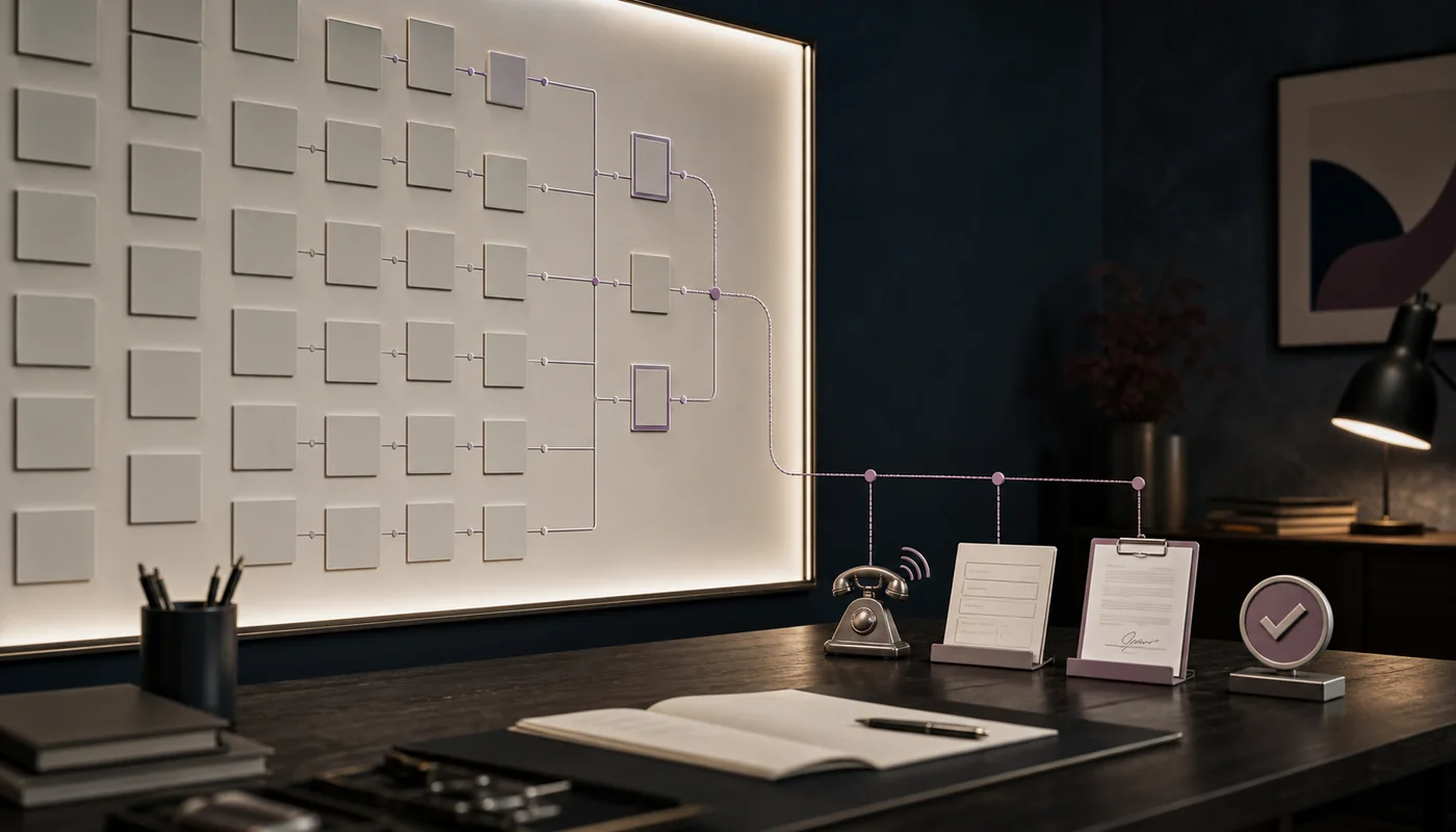 Many empty ad slots narrowing into a small set of real business outcomes: a call, request, order, and completed result