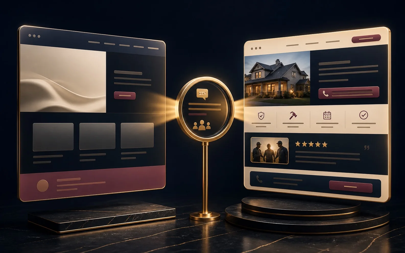 Two premium website panels under a marketing audit lens, contrasting empty polished design with clear human sales-page structure