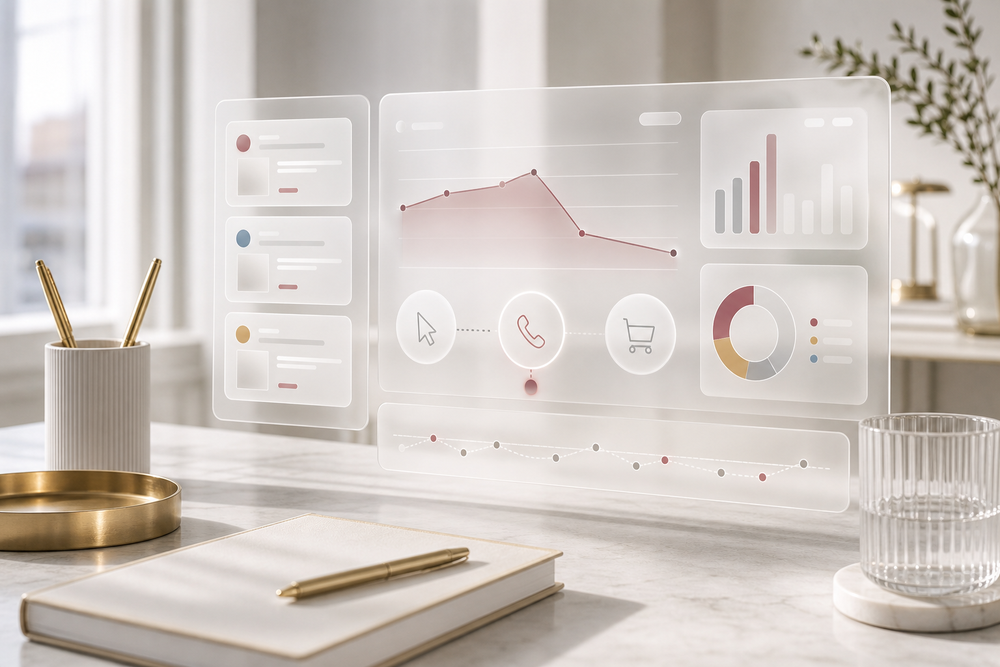 A bright workspace visualization connecting paid-search activity to calls and sales outcomes
