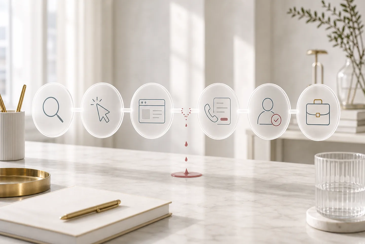 Six-stage paid-search revenue path with a leak between the landing page and inquiry