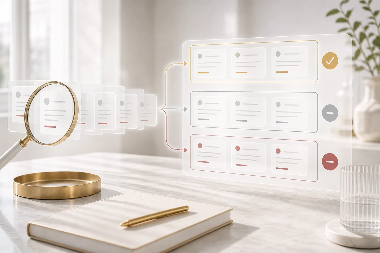 A magnifying glass sorting search-query cards into buyer-ready, research, and irrelevant groups