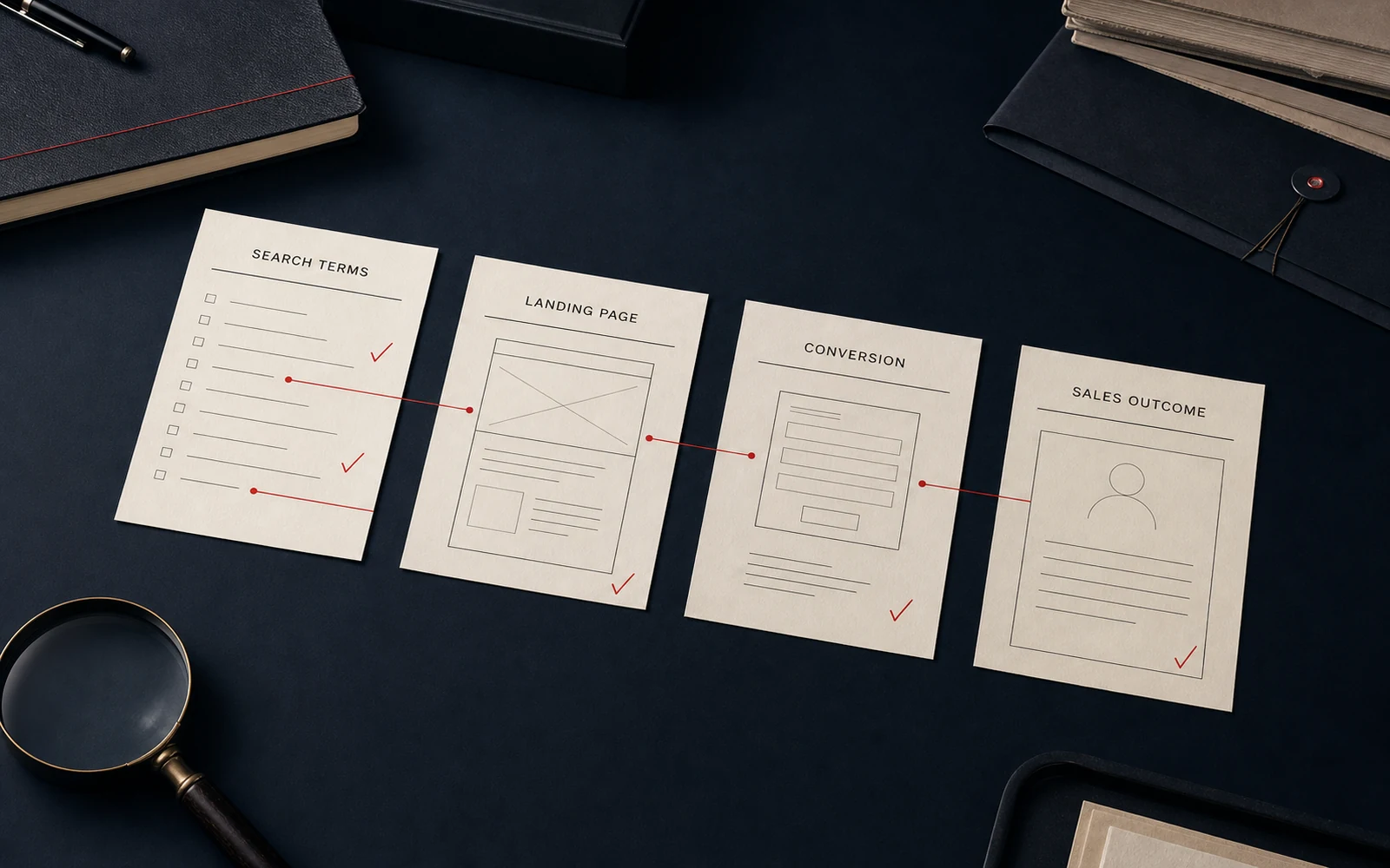 Editorial marketing worktable tracing search terms through the landing page, conversion record, and sales outcome