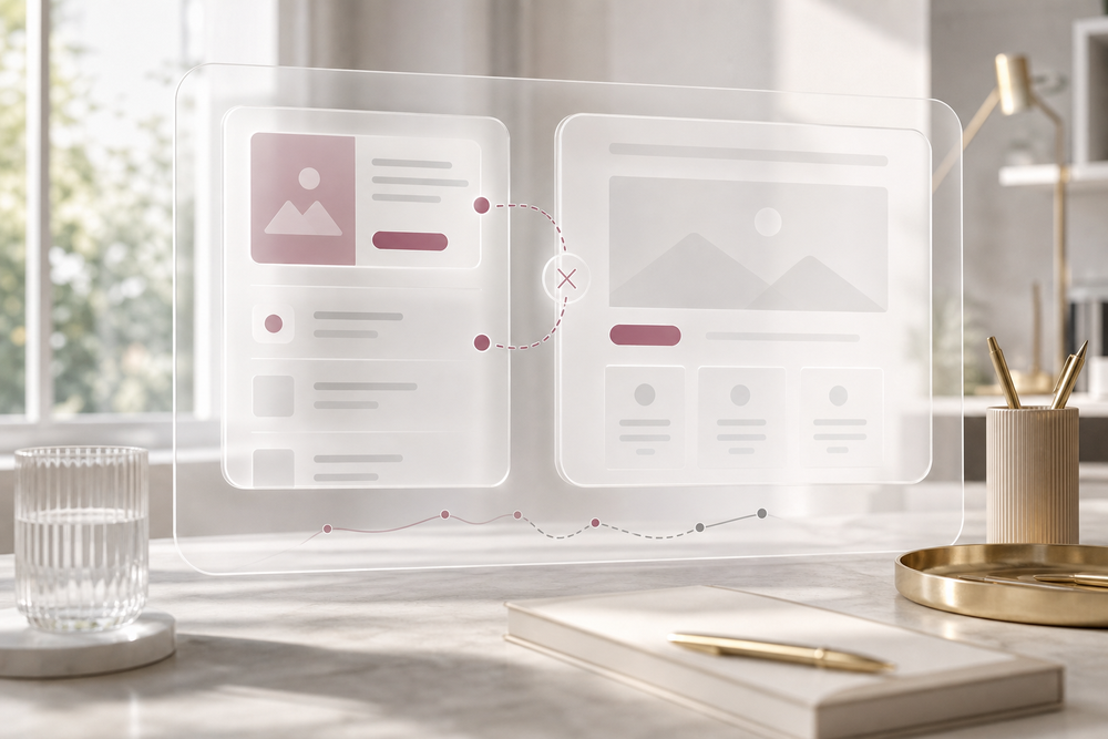 An ad card and landing page preview with liquid glass highlighting the mismatch between them.