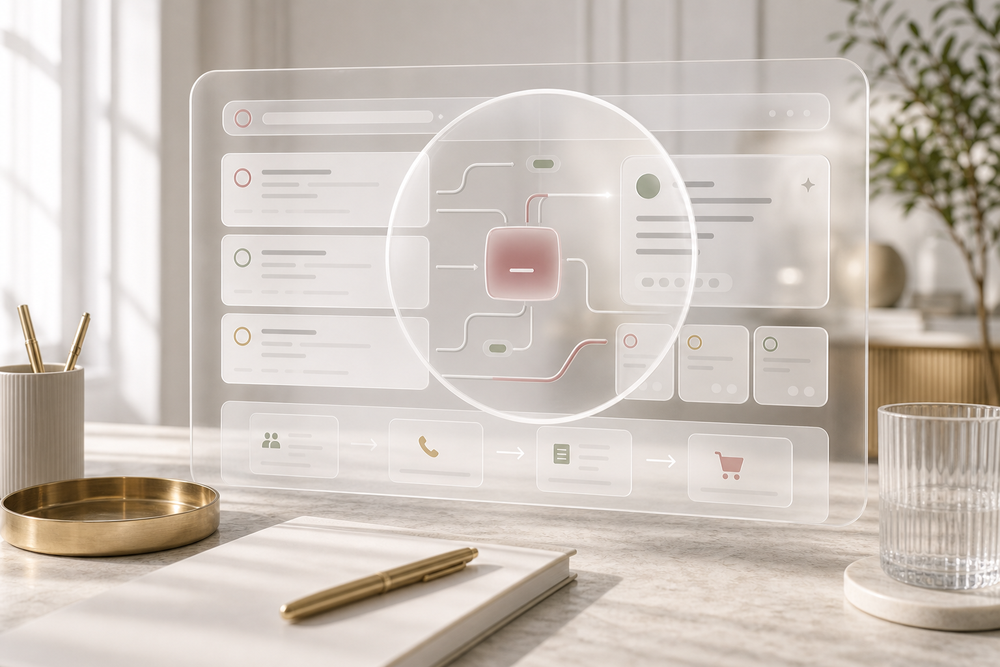 An AI answer and search visibility interface with liquid glass over the missing buyer action path.