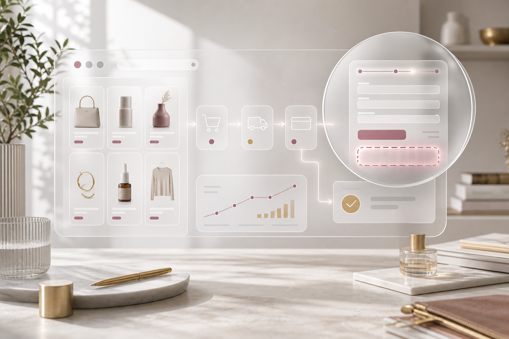 A Shopify storefront and checkout path with liquid glass highlighting the order drop-off.