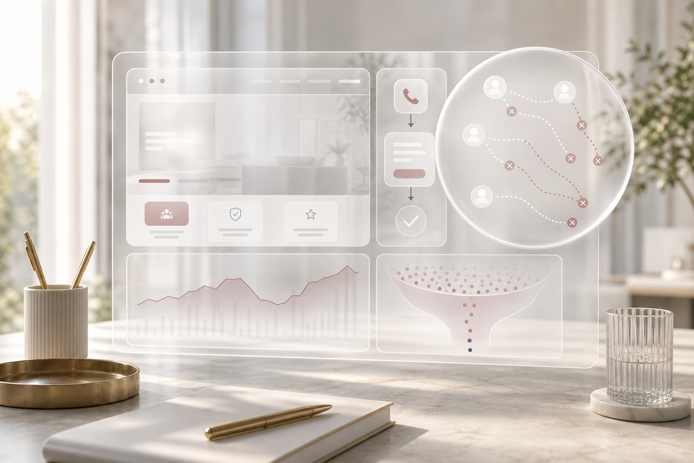 A website analytics interface with a liquid-glass focus over the missing call and form path.