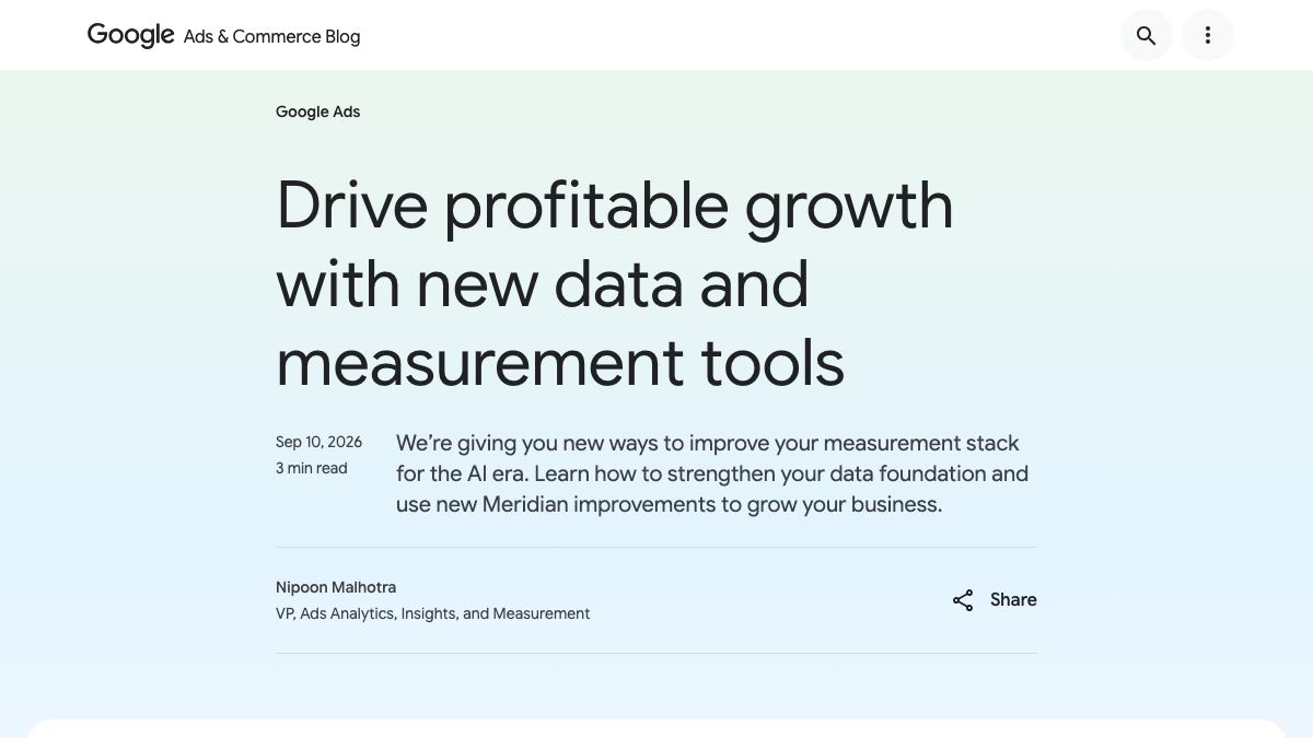 Google Ads and Commerce Blog page announcing new data and measurement tools.