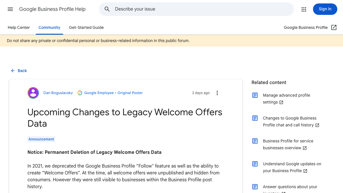 Google Business Profile Help announcement about permanent deletion of legacy welcome-offer data.