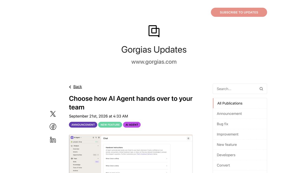 Gorgias Updates source announcement: Gorgias adds a confirmation step before AI chat handovers