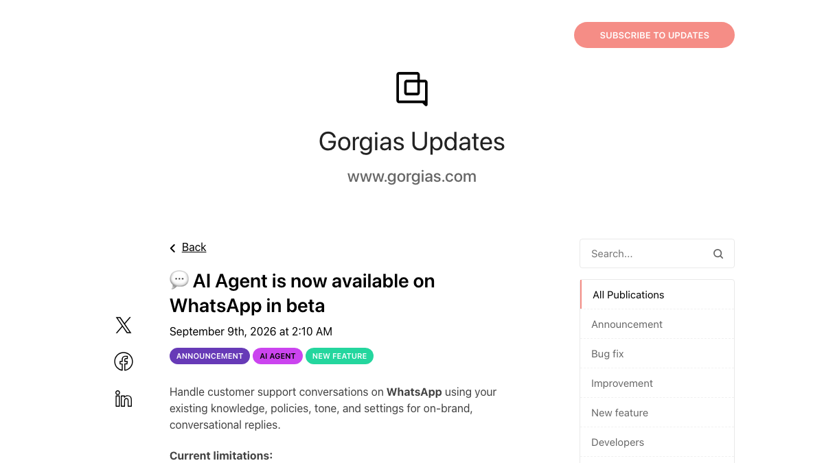 Gorgias product update announcing AI Agent for WhatsApp in beta.