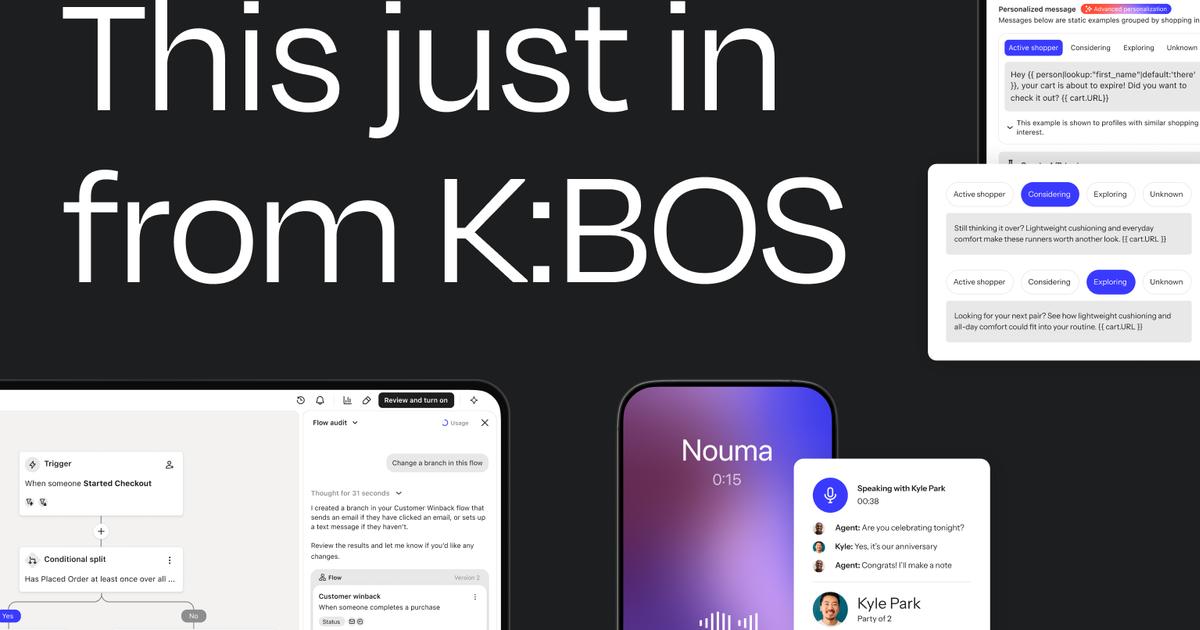 Klaviyo K:BOS artwork showing campaign, personalization, and customer-agent interfaces.