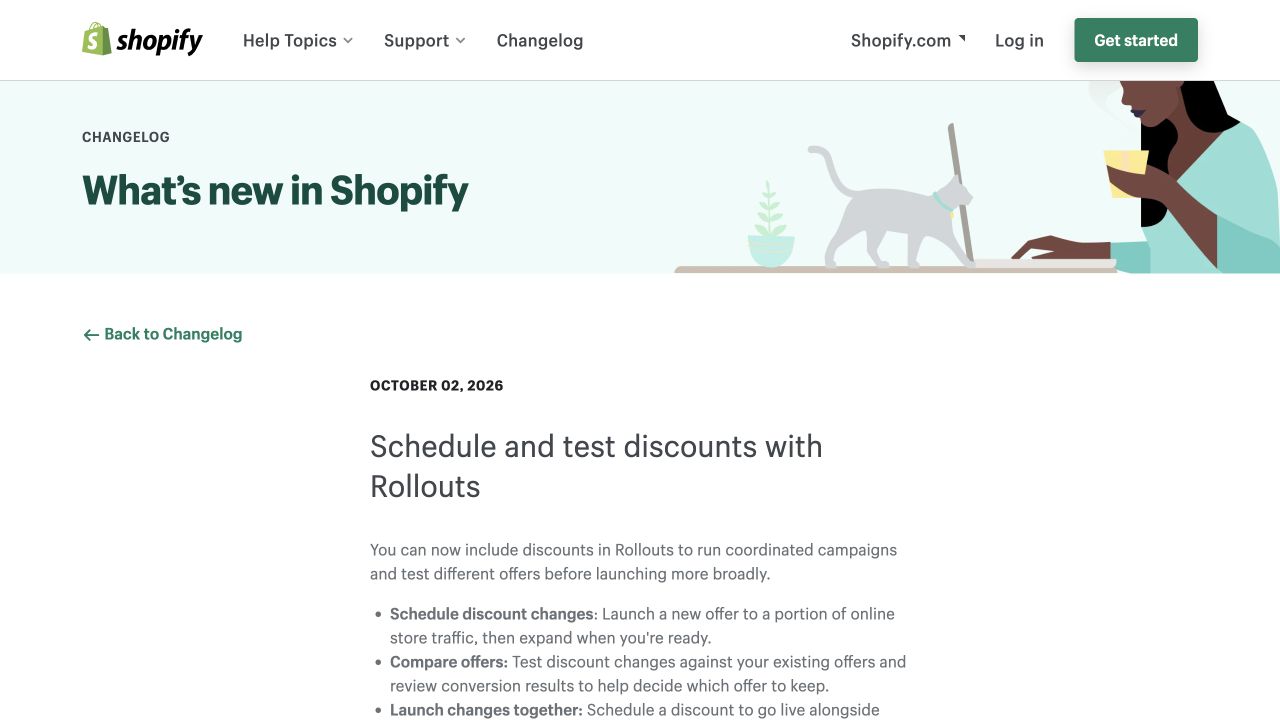 Shopify Changelog source announcement: Shopify adds discount testing and scheduling to Rollouts