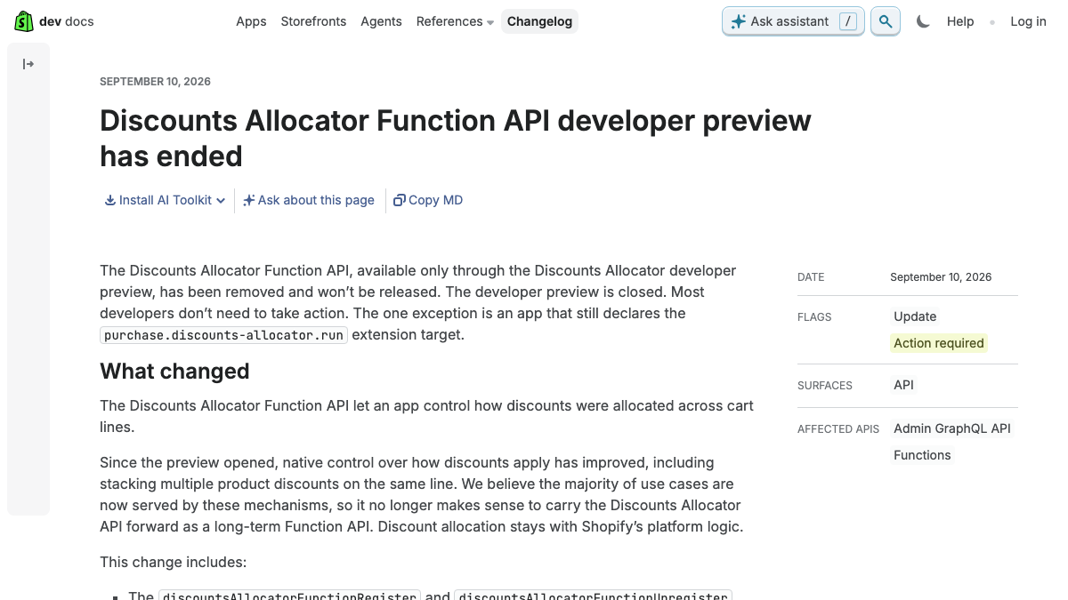 Shopify developer changelog showing the ended Discounts Allocator Function API preview and action-required label.