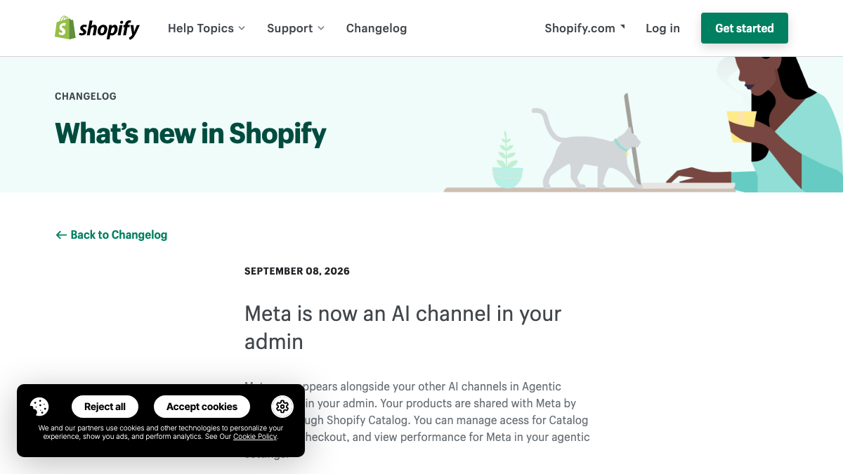 Shopify changelog page announcing Meta as an AI channel in Shopify admin.