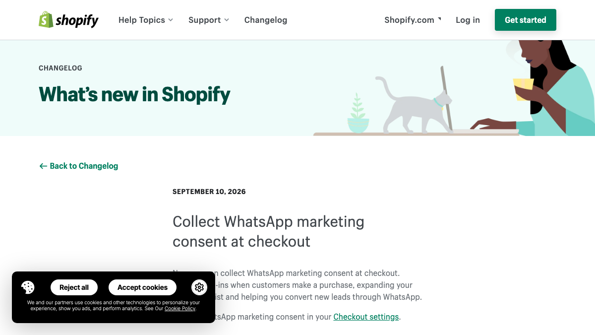 Shopify changelog page announcing WhatsApp marketing consent at checkout.