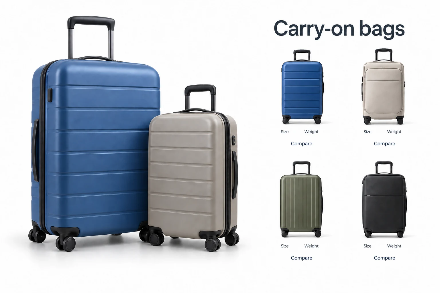 Illustrative carry-on luggage collection showing several bags to compare by size and weight