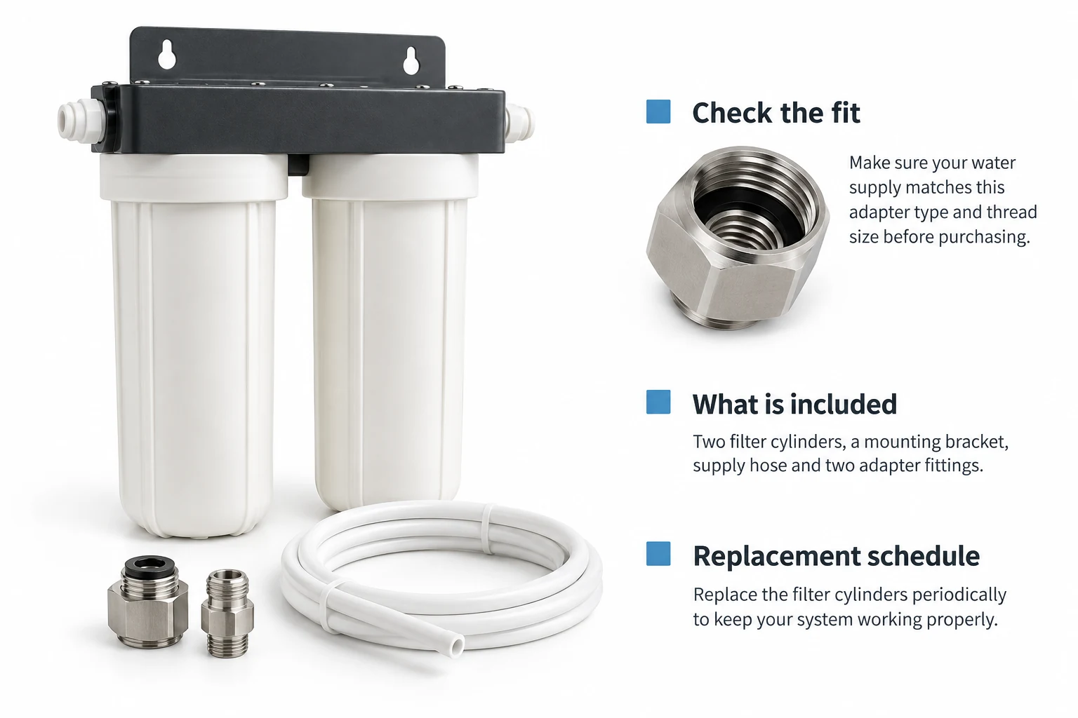 Illustrative filter kit with a fitting close-up and explanations of compatibility, included parts and replacement schedule