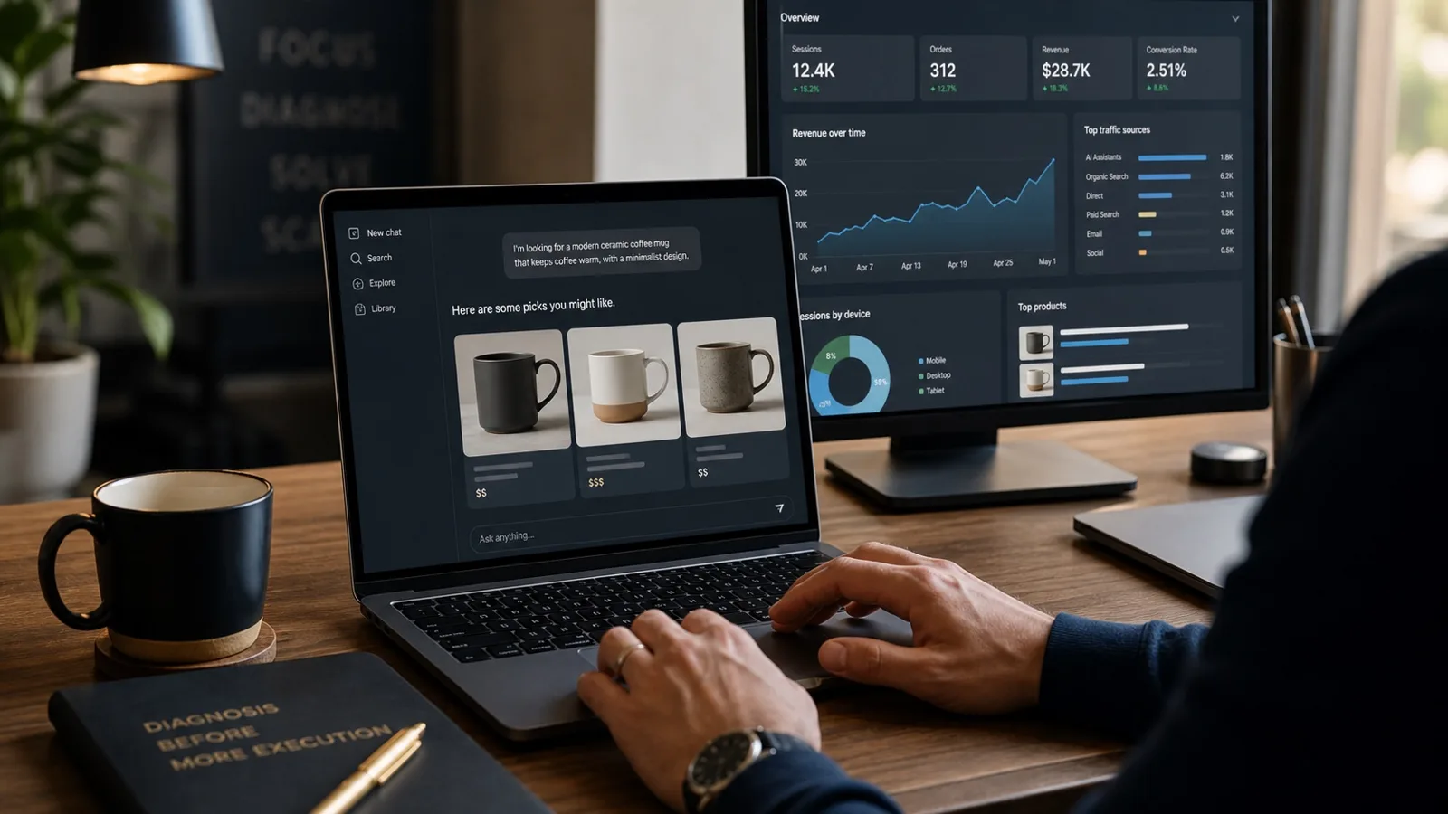 Editorial visual of an ecommerce operator viewing AI product recommendations on a laptop and tracking data on a second screen.