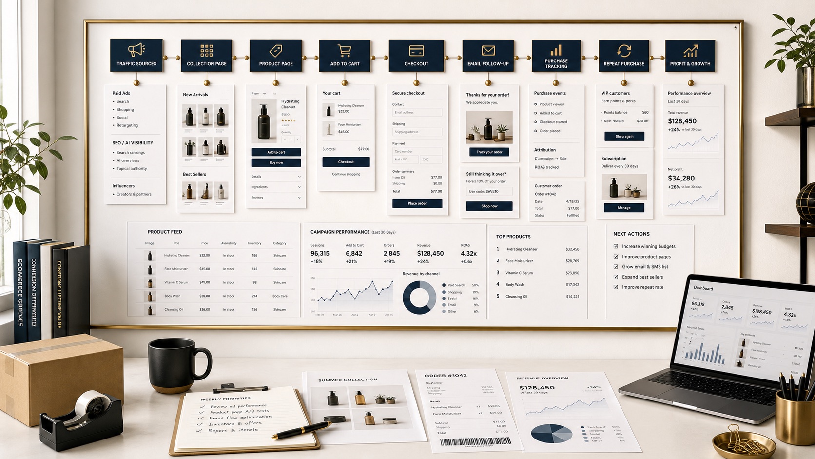 Shopify marketing revenue path with product feed, checkout, tracking, and repeat purchase boards