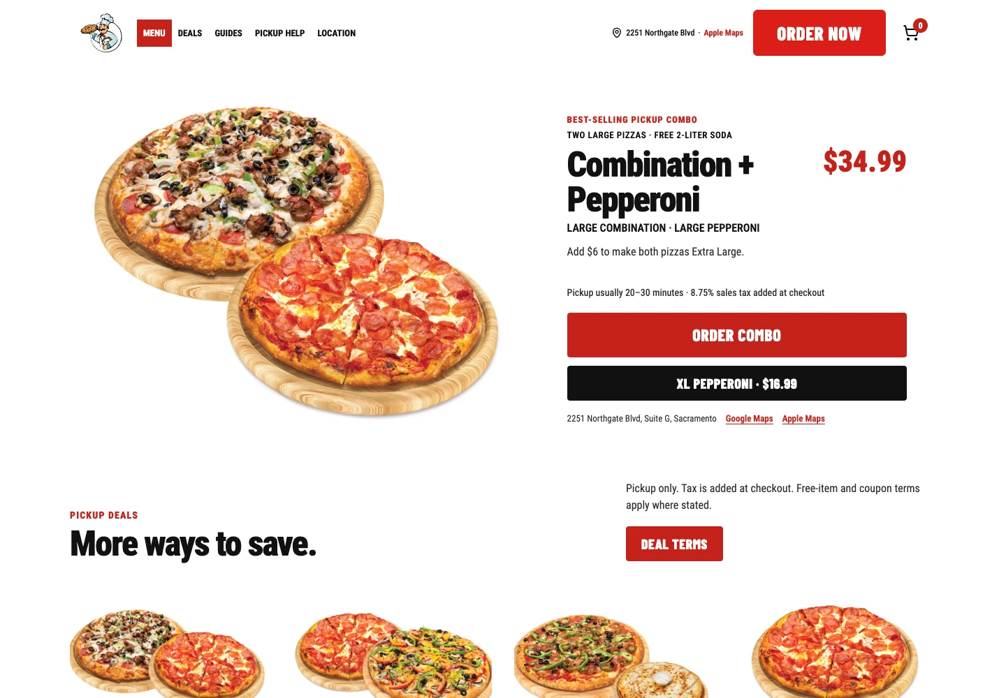 Supreme Pizza's finished desktop website, showing the pizza combo, price, pickup details and direct order buttons.