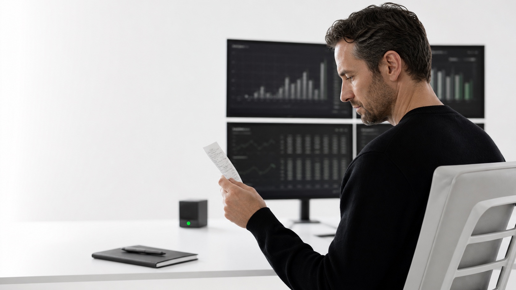 A person checking a paper record beside campaign screens.