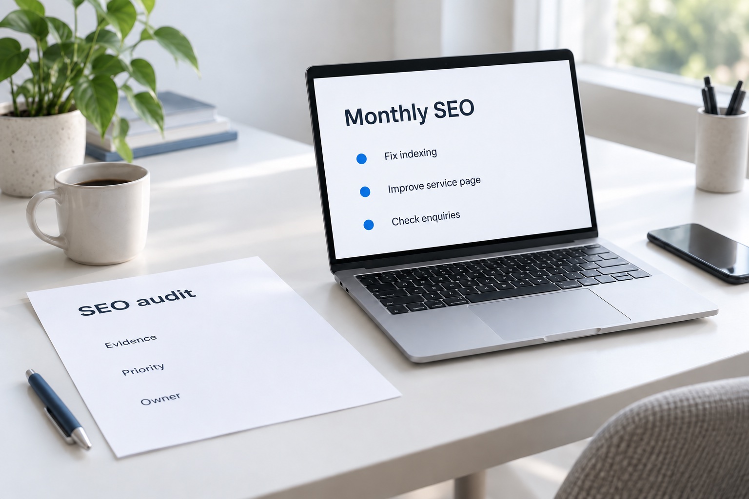 Illustrative SEO audit worksheet beside a laptop showing a monthly implementation queue