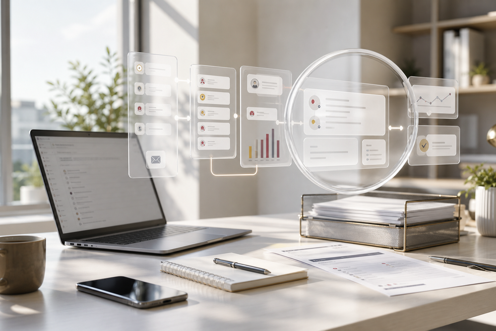 Liquid glass AI automation visual with CRM follow-up, reporting, and lead workflow objects on a real desk.